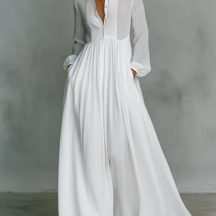 Clara Moretti | Vestido maxi minimalista de algodón y lino con cuello alto