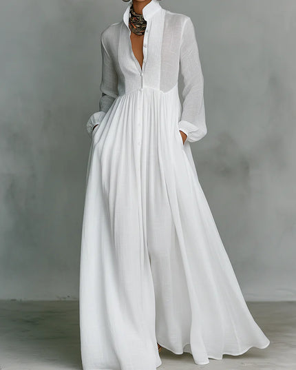 Elisa™ | Vestido maxi minimalista de algodón y lino con cuello alto