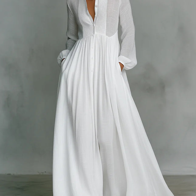 Clara Moretti | Vestido maxi minimalista de algodón y lino con cuello alto
