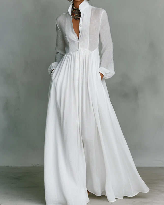 Elisa™ | Vestido maxi minimalista de algodón y lino con cuello alto