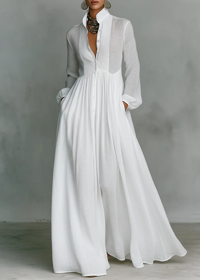 Elisa™ | Vestido maxi minimalista de algodón y lino con cuello alto