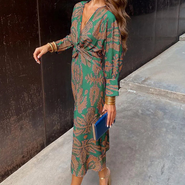 Clara Moretti | Vestido Midi Elegante con Estampado Dorado
