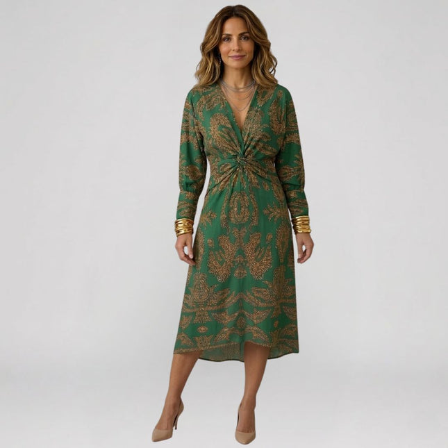 Clara Moretti | Vestido Midi Elegante con Estampado Dorado
