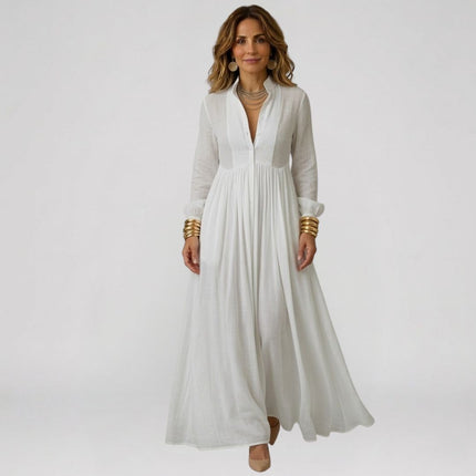 Clara Moretti | Vestido maxi minimalista de algodón y lino con cuello alto