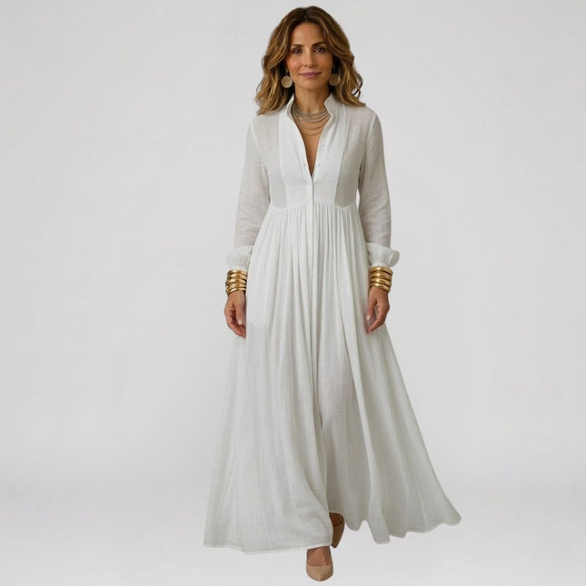 Clara Moretti | Vestido maxi minimalista de algodón y lino con cuello alto