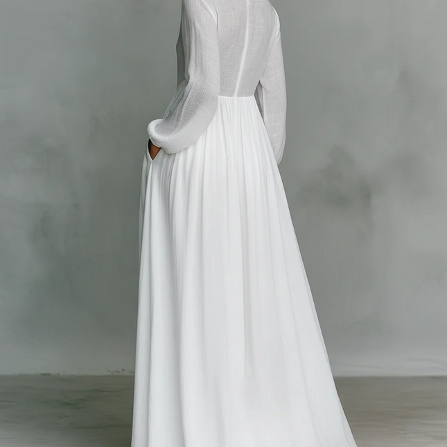 Clara Moretti | Vestido maxi minimalista de algodón y lino con cuello alto