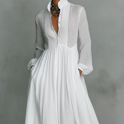 Clara Moretti | Vestido maxi minimalista de algodón y lino con cuello alto