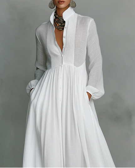 Elisa™ | Vestido maxi minimalista de algodón y lino con cuello alto