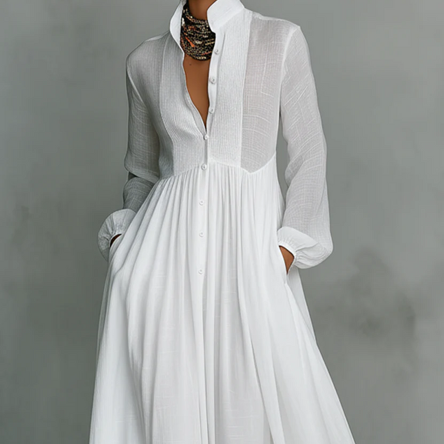 Clara Moretti | Vestido maxi minimalista de algodón y lino con cuello alto