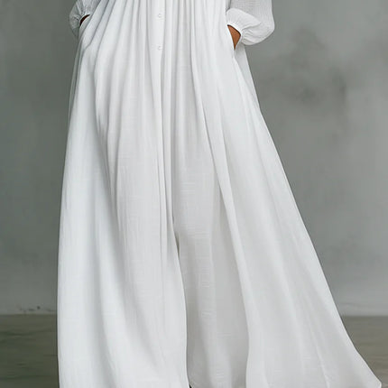 Clara Moretti | Vestido maxi minimalista de algodón y lino con cuello alto
