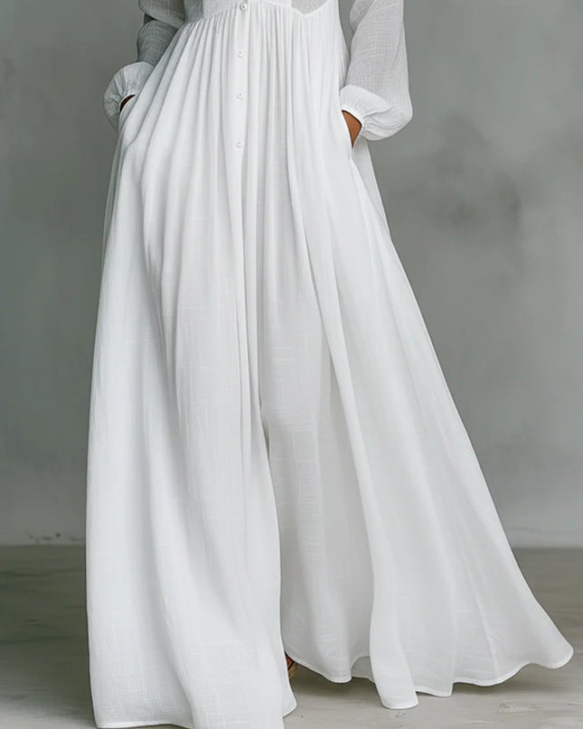 Elisa™ | Vestido maxi minimalista de algodón y lino con cuello alto